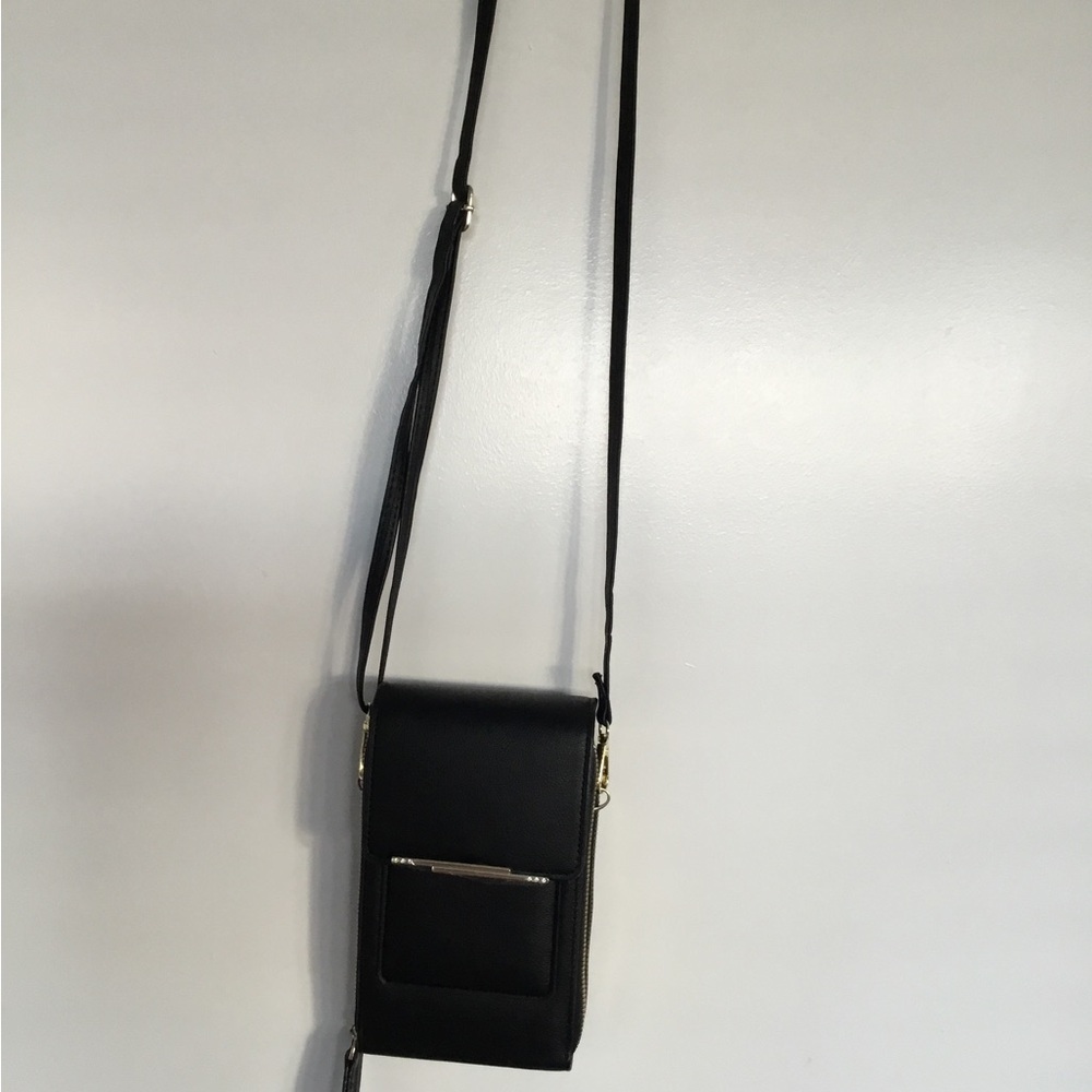 Structured Black Crossbody Phone Bag with Gold Accent